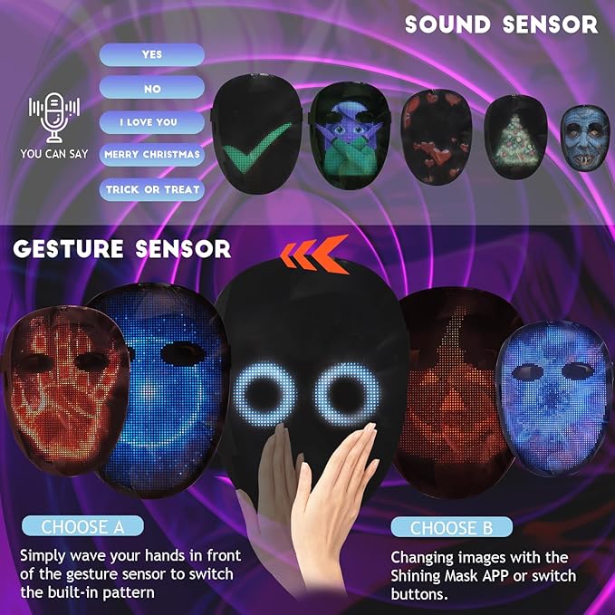 Led Mask Light up Mask with Gesture Sensing, Cool Glowing Toys Masks Great Gift for Halloween Christmas Costume Party