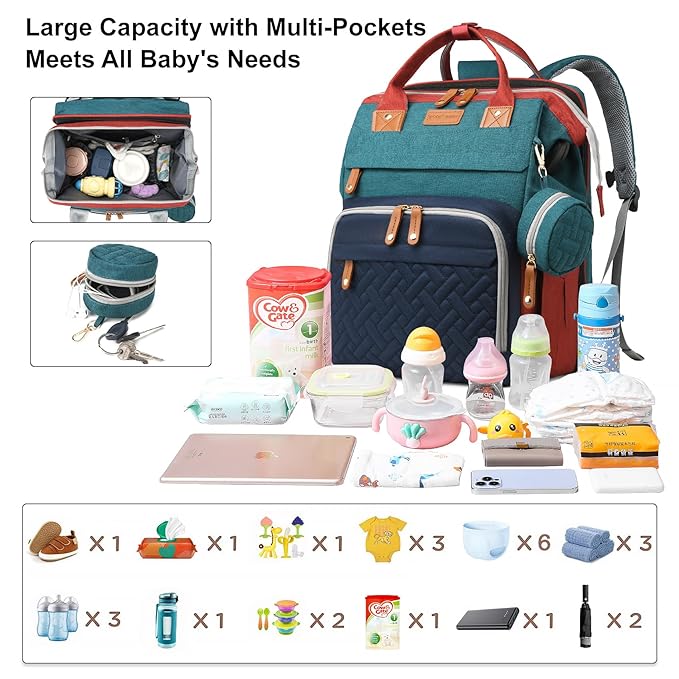 Baby Diaper Bags with Changing Station Multifunctional Waterproof Diaper Bag Backpack Travel Baby Bag with Changing Pad, Pacifier Case,Baby Essentials(Multicolor)