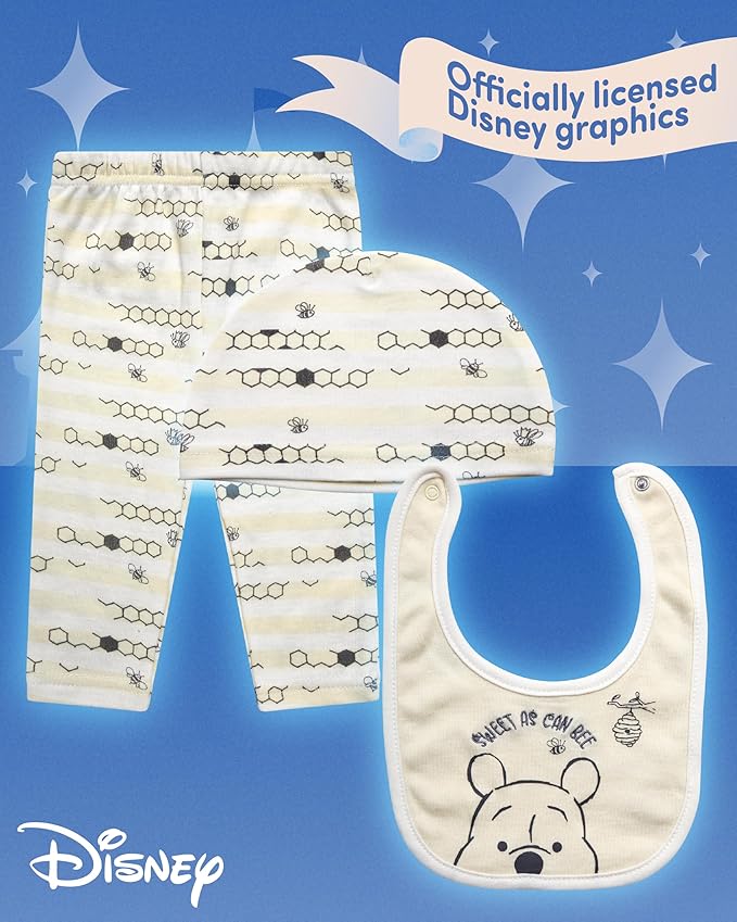 Disney Newborn Baby Girl Boy Clothes - 7 Piece Mickey Mouse Winnie the Pooh Bib Onesie Overall Beanie Pants Gift Bag Gift Set