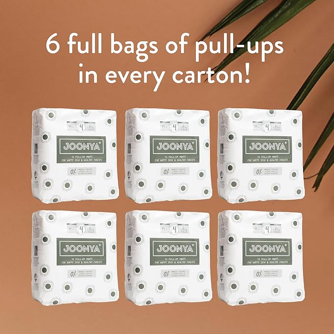 Joonya Pull-Up Pants Baby Diapers, Size 4 L (15-26 lb) - 6 Bags of 25 (150) - Non Toxic, Eco-Friendly, High Absorbency, Overnight Use, Ultra Slim & Soft - Made in Denmark