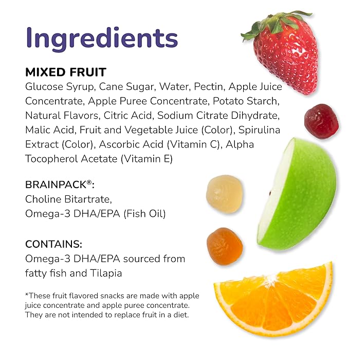 Brainiac Fruit Snacks, Mixed Fruit, Brain Boosting Patented BrainPack Ingredients with Omega-3s DHA/EPA and Choline, Functional and Nutritious Snacks, 40ct