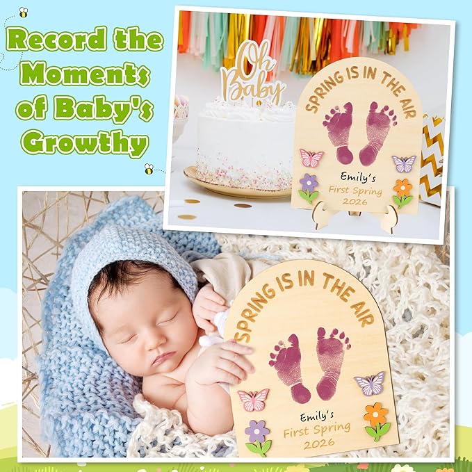 R HORSE 3D Baby's First Spring DIY Footprint or Handprint Art Sign, Spring is in The Air Wooden Hanging Decoration, Newborn Keepsake Craft Gift for Unisex Baby 1st Birthday Baby Shower Photo Prop