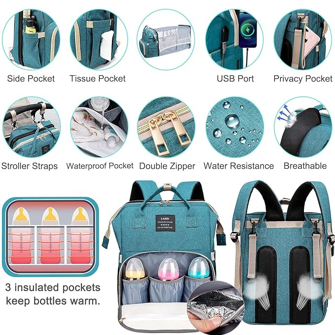 Baby Diaper Bags with Changing Station,900D Oxford Waterproof Diaper Bag Backpack for Moms Dads with USB Charging Port,Large Capacity Baby Essentials(Ungrade-Green)