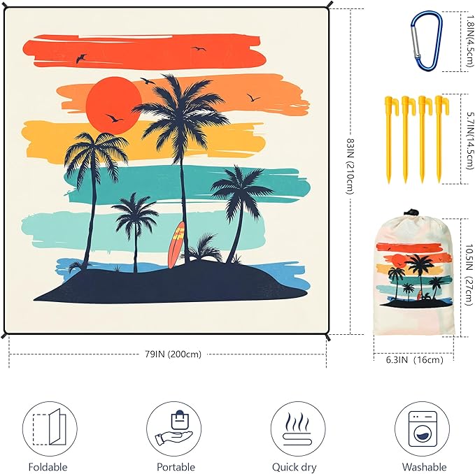 Beach Blanket Waterproof Sandproof Beach Mat 79" X 83"/10'x9'for 2-8 Adults Quick Drying Outdoor Picnic Mat Beach Accessories for Travel, Camping, Hiking
