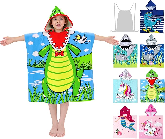 Hooded Kids Beach Towels - Toddler Bath Towel Girls Boys Swim Cover-ups for Ages 4 to 10 Kids Pool Towels Quick Dry Lightweight Soft Microfiber Poncho 30x30 with Bag (Green Alligator)