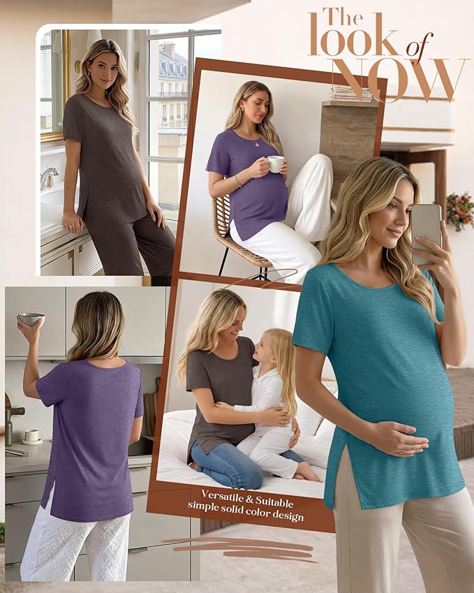 3 Pack Women's Maternity Shirts Short Sleeve Round Neck Side Split Pregnancy Tops Loose Summer Casual Mama Clothes
