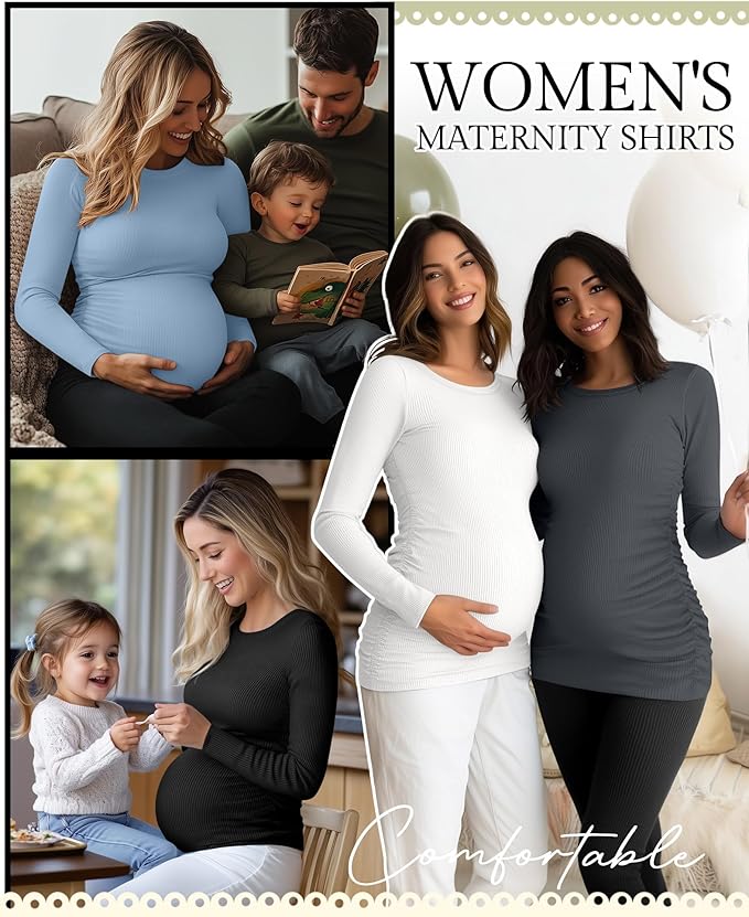 Ficerd 4 Pack Women's Maternity Shirts Cotton Long Sleeve Ribbed Crew Neck Pregnancy Tops Side Ruched Casual Mama Clothes