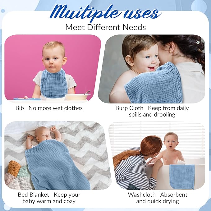 6 Pcs Muslin Hooded Bath Towels Washcloths and Bibs Set, Muslin Cotton Baby Towels Absorbent Hooded Blanket Towel Infant Bibs for Boys Girls Newborn Infant Essential(Blue, Navy Blue)