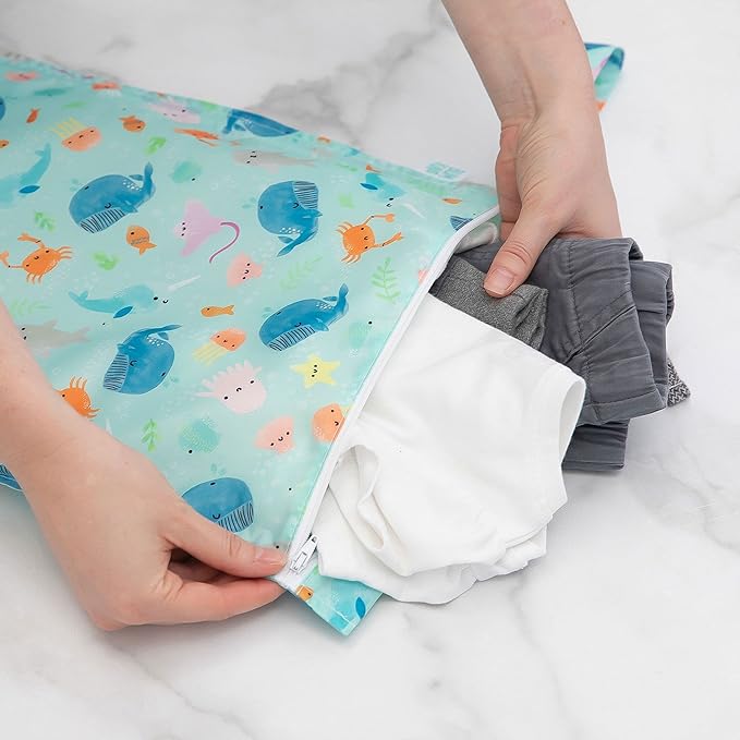Bumkins Waterproof Wet Bag for Baby, Travel, Swim Suit, Cloth Diapers, Pump Parts, Pool, Beach, Gym Clothes, Toiletry, Hook to Stroller, Daycare, Zipper Reusable Wetdry Packing Pouch, Ocean Life Blue
