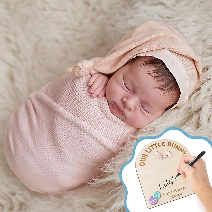 R HORSE DIY Baby's First Easter Footprint or Handprint Art Sign with Ink Pad, 3D Newborn Bunny Wooden Milestone with Marker Pen, Baby 1st Easter Keepsake Craft Gift Nursery Photo Prop Baby Shower