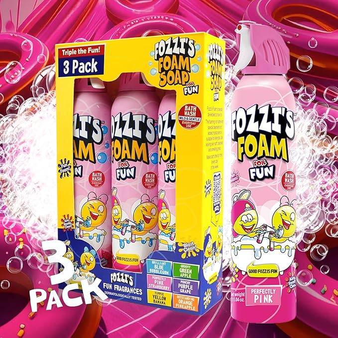 FOZZI'S Perfectly Pink Bath Foam Soap for Kids (3 Pack) - Fun Aerosol Spray - Squishy Bubble Soap for Playtime - Gentle Cleanser Foaming Body Wash - Safe Bath Fun for Everyday Wash