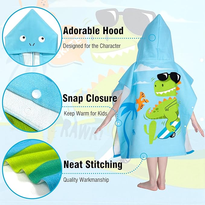 Hooded Kids Beach Towels - Toddler Bath Towel Girls Boys Swim Cover-ups for Ages 4 to 10 Kids Pool Towels Quick Dry Lightweight Soft Microfiber Poncho 30x30 with Bag (Dino Skating)