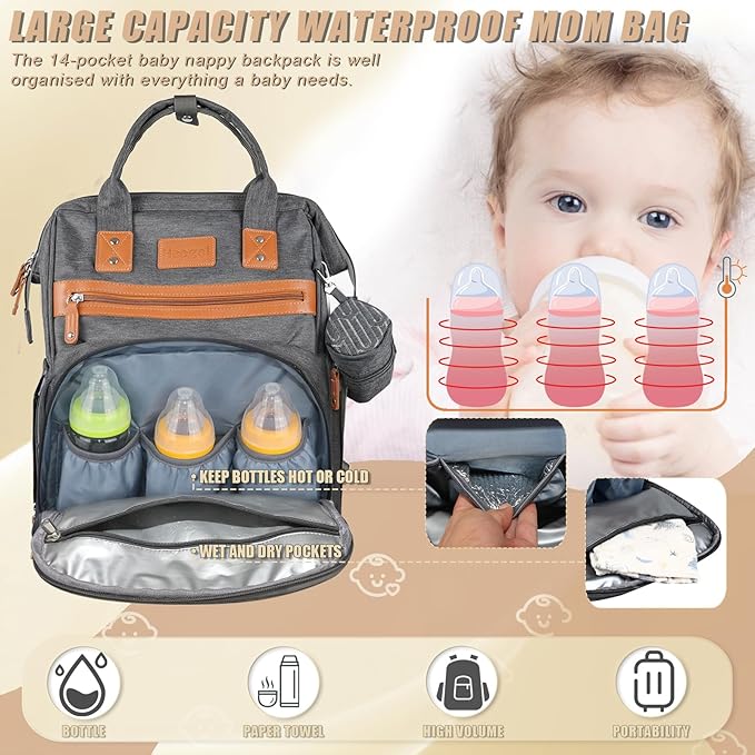 Diaper Backpack with Changing Pad, Baby Diaper Bag for Mom & Dad with Multipurpose Pockets, Large Stylish Baby Bag for Boy, Girl, Toddler (Dark Grey)
