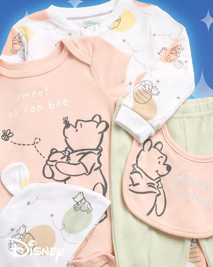 Disney Newborn Baby Girl Boy Clothes - 7 Piece Mickey Mouse Winnie the Pooh Bib Onesie Overall Beanie Pants Gift Bag Gift Set