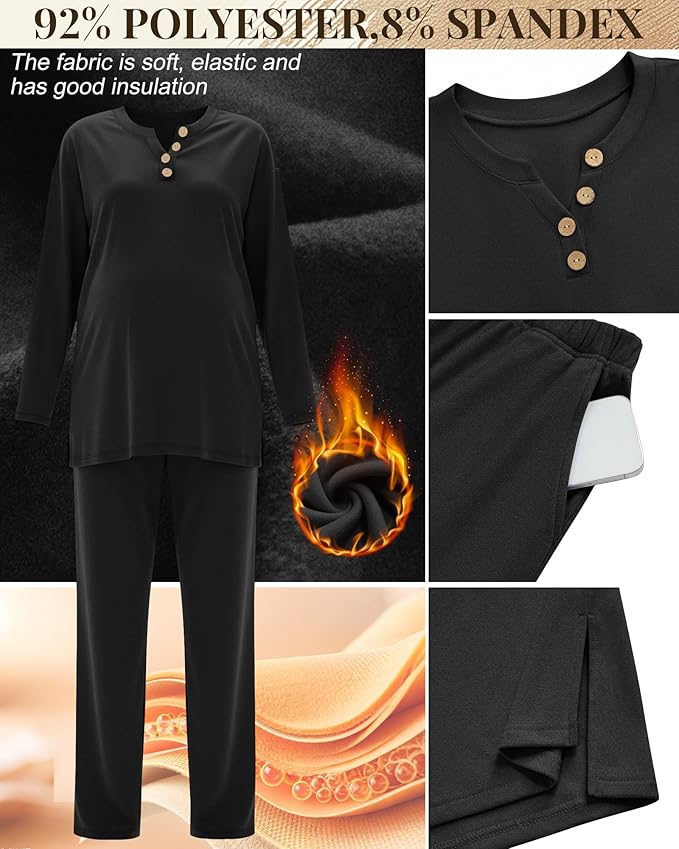 2 Piece Thermal Maternity Lounge Set Postpartum Pregnancy Fleece Loungewear Long Sleeve Top and Wide Leg Pant