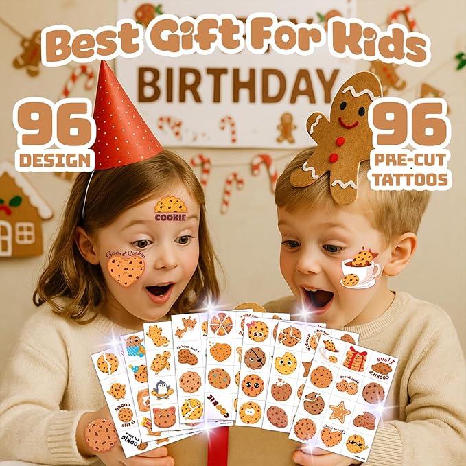 96 PCS Cute Cookie Pre-Cut Temporary Tattoos for Kids | Super Cute Milk Biscuits Themed Birthday Party Favors, Supplies, Decorations, Fake Tattoo Stickers, School Rewards Prizes & Gifts For Boys Girls
