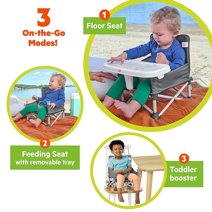 Bright Starts Pop 'N Sit Portable Booster, Indoor/Outdoor Use, Floor Seat with Feeding Tray, Grey, 6 Mos - 3 Yrs (Pack of 2)