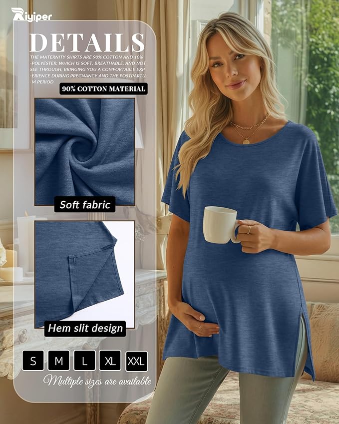 Riyiper 3 Pack Women's Maternity Tunic Shirts Cotton Summer Pregnancy Clothes Loose Oversized Split Side Blouse Tops