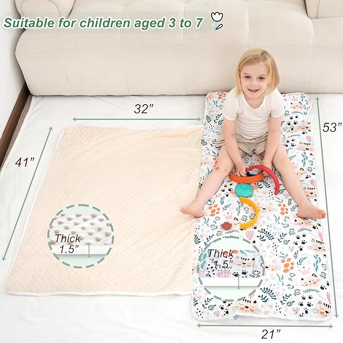 Viviland Toddler Nap Mat with Pillow and Minky Dot Blanket, Rolled Sleeping Mats/Slumber Bag, Large Thick Kids Nap Mat for Preschool, Daycare, Kindergarten, Travel Camping -Cute Cat