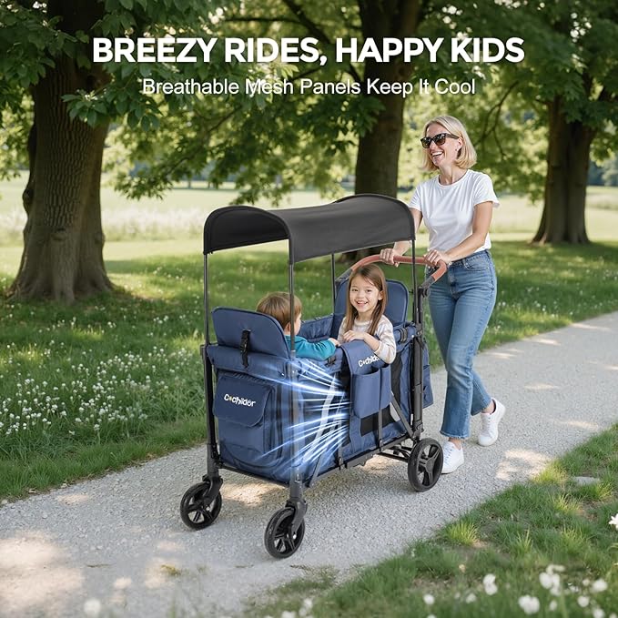 Elite 2 Seater Wagon Stroller for Kids, Foldable Stroller Wagon with Removable Seats & Canopy, 5-Point Safety Harness, Adjustable Handle, Blue