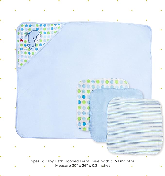 Spasilk Baby Bath Hooded Terry Towel with 3 Washcloths, Baby Bath Essentials, One Size, Blue Whale
