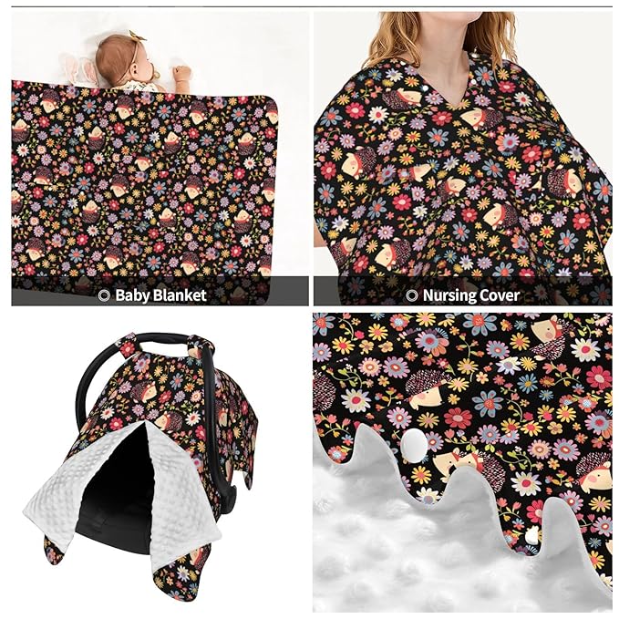 Flowers and Cute Hedgehogs Baby Car Seat Canopy Nursing Cover for Newborn Car Seat Breastfeeding Covers Blanket Newborn Shower Gift