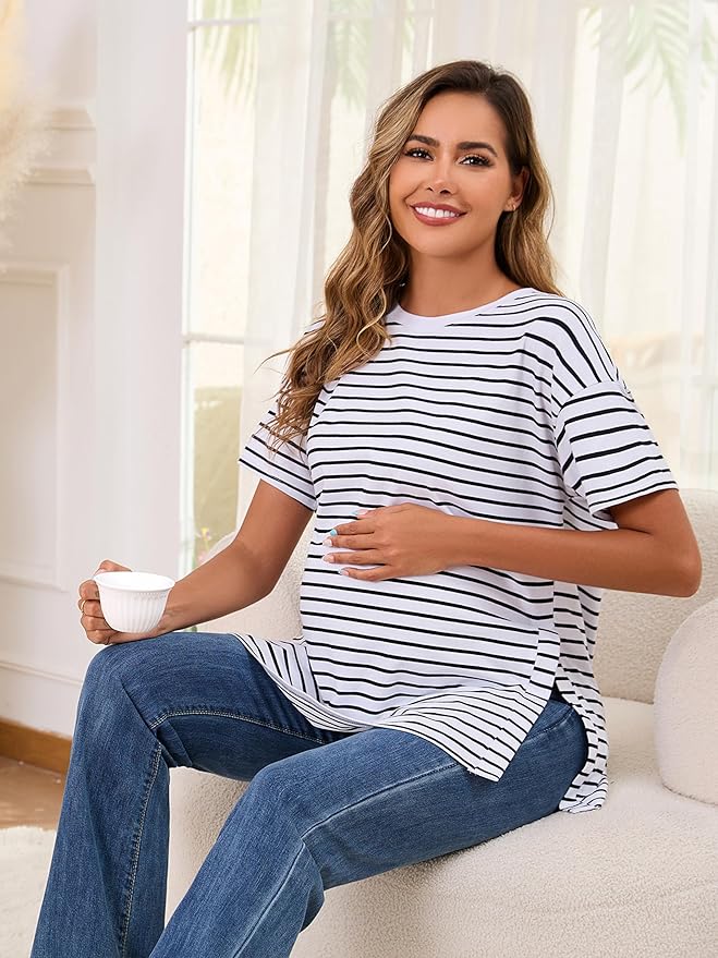 Ecavus Women's Casual Maternity Shirts Split Side Pregnancy Tops Blouses Short Sleeve Loose Fit Maternity Clothes