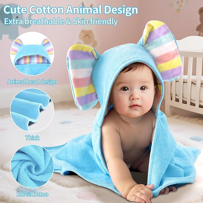 Luxury Light Blue Baby Hooded Bath Towel-100% Cotton,500GSM,33x31.5 Inches,0-2Years,Super Absorbent Large Towel with Cute Elephant Ears Hood for Newborn,Infant Shower Gift,Baby Essentials,Light Blue