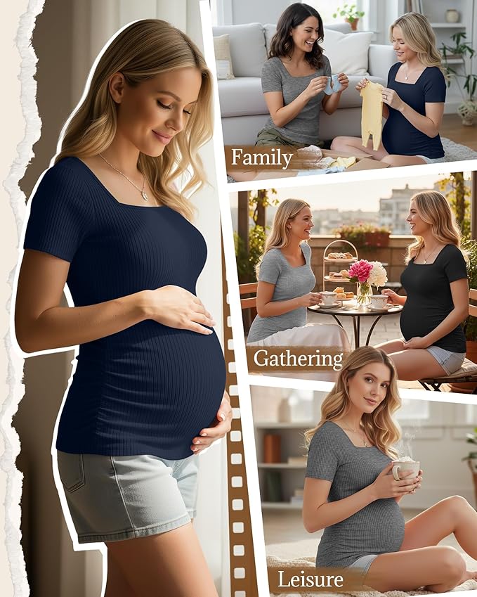 Huukeay 4 Pack Women's Maternity Shirts Cotton Ribbed Short Sleeve Square Neck Pregnancy Tops Side Ruched Summer Tee