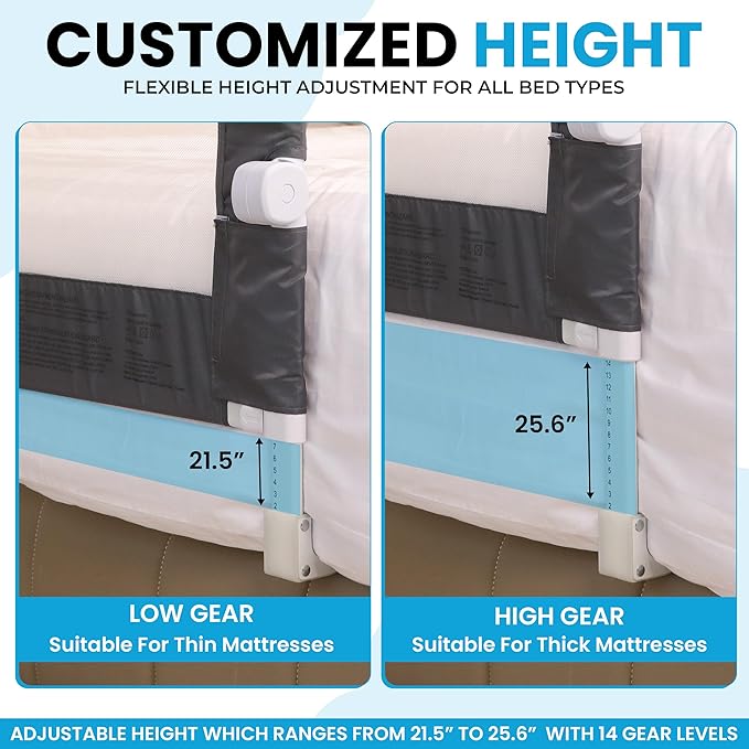 TotCraft Flexguard Height & Length Adjustable Bed Rail for Toddlers – Fits Twin, Full, Queen & King Beds – 35.5″ or 59″ Two Fixed Lengths – 14 Height Levels – ASTM Certified Bed Rail for Baby (Grey)