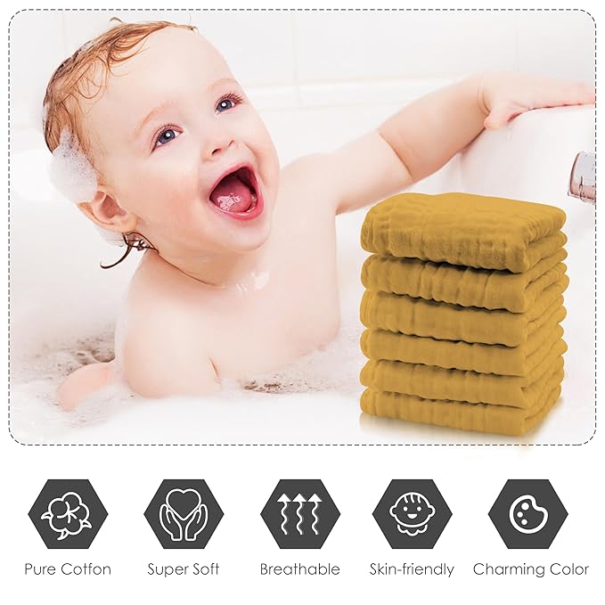 Cute Castle 12 Pack Muslin Baby Washcloths - Large 12'' by 12'' - Ultra Soft 100% Cotton - Super Absorbent Burp Cloths for Unisex, Boy, Girl -Honey