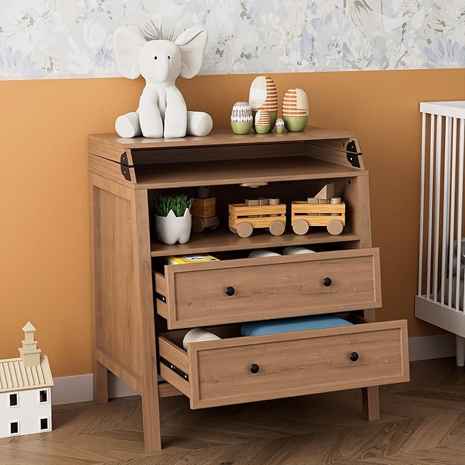 UbabyNest Baby Changing Table with Foldable Tabletop, Baby Dresser with 2 Wide Drawers & Open Storage Space, Modern Diaper Changing Station, Perfect for Nursery, Natural Wood (Pad Not Included)