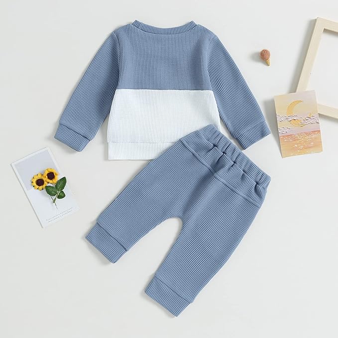 Toddler Baby Boy Fall Outfit Long Sleeve Crew Neck Contrast Color Sweatshirt Top Pant Cute Newborn Infant Waffle Clothes