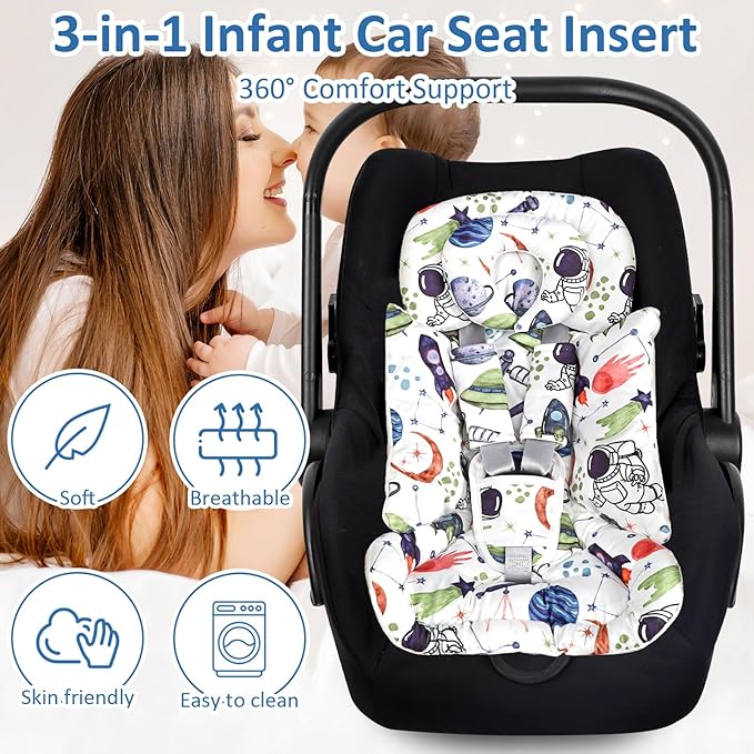 Infant Car Seat Insert with Removable Cushion for Baby Boys, Reversible Newborn Carseat Insert for Baby Head Body Support, Fits for Stroller, Baby Swing, Bouncer (White Space)