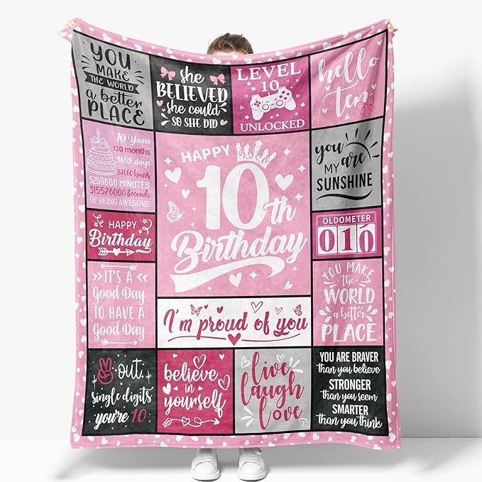 Gifts for 10 Year Old Girls, 10 Year Old Girl Birthday Gifts Blanket 10th Birthday Gift for Girls Daughter Granddaughter Niece Sister Party Decor Christmas Valentines Easter Present Soft Throw 60x50in