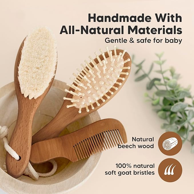 Baby Hair Brush Set for Newborns - Soft Goat Bristle Wooden Baby Brush and Comb Set Newborn Grooming Kit for Cradle Cap, Durable & Gentle, Boy, Girl Infant Essentials Care Kit (Oval, Dark Walnut)