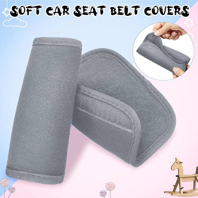 Riakrum 4 Pcs Baby Car Seat Belt Covers Soft Car Seat Straps Shoulder Pads for Kid Infant Stroller Strap Covers Safety Belt Cushion Pads for Boy and Girl(Light Gray,5.7 x 2.6 Inch)