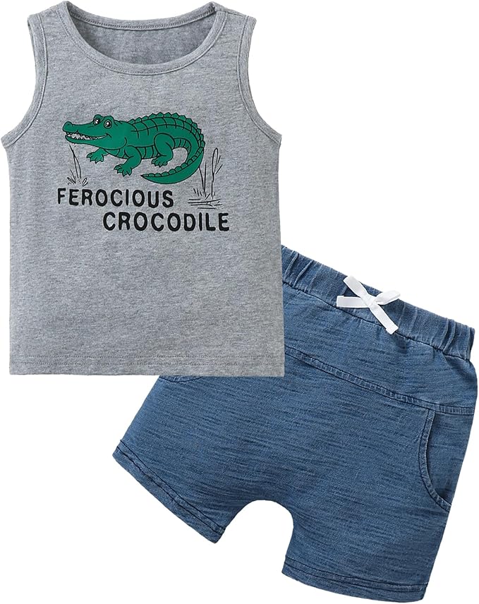 Jecson Baby Boy Summer Clothes Toddler Boy Outfits Letter Print Short Sleeve T-Shirt Denim Shorts Clothing Set 6M-4T
