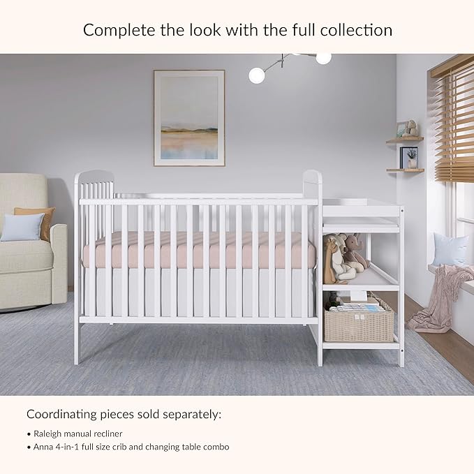 Dream On Me Anna 3-in-1 Convertible Full-Size Baby Crib & Changer with Storage in White, GreenGuard Gold & JPMA, Pinewood, Converts to Day & Toddler Bed, 3 Mattress Heights, 1″ Changing Pad
