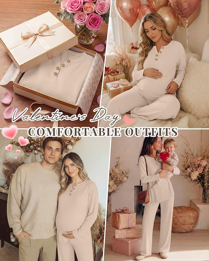 2 Piece Thermal Maternity Lounge Set Postpartum Pregnancy Fleece Loungewear Long Sleeve Top and Wide Leg Pant