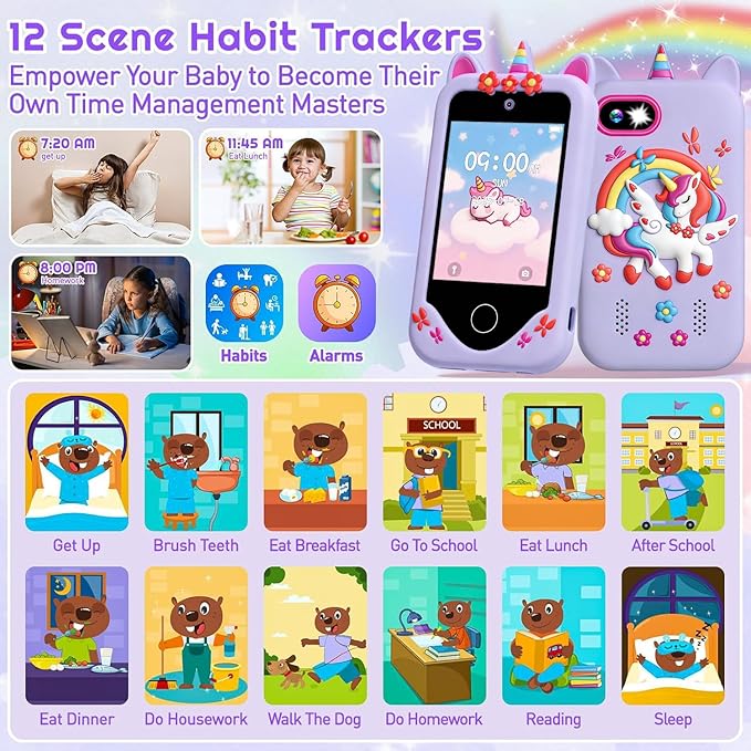 Kids Smart Phone for Girls, Touchscreen, 64GB Card Birthday Gifts for Girls Age 3, 4, 5, 6, 7, 8, 10 Year Old, Toddler Educational Learning Toys Phone with Dual Camera, Game, Music Player