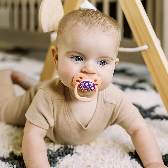 Dr. Brown's Advantage Glow-in-The-Dark Baby Pacifier, Fully Symmetrical Soother with Soft Silicone Bulb, Lavender Love-Coral Ocean, 0-6m, BPA Free, 4 Pack