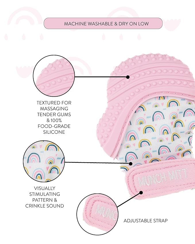 Malarkey Kids Patented Teething Mitten, Munch Mitt Baby Chew Toy - Protects Hands from Chewing & Saliva, Heals Aching Gums, Promotes Sound & Visual Stimulation for Babies - Pink Rainbow