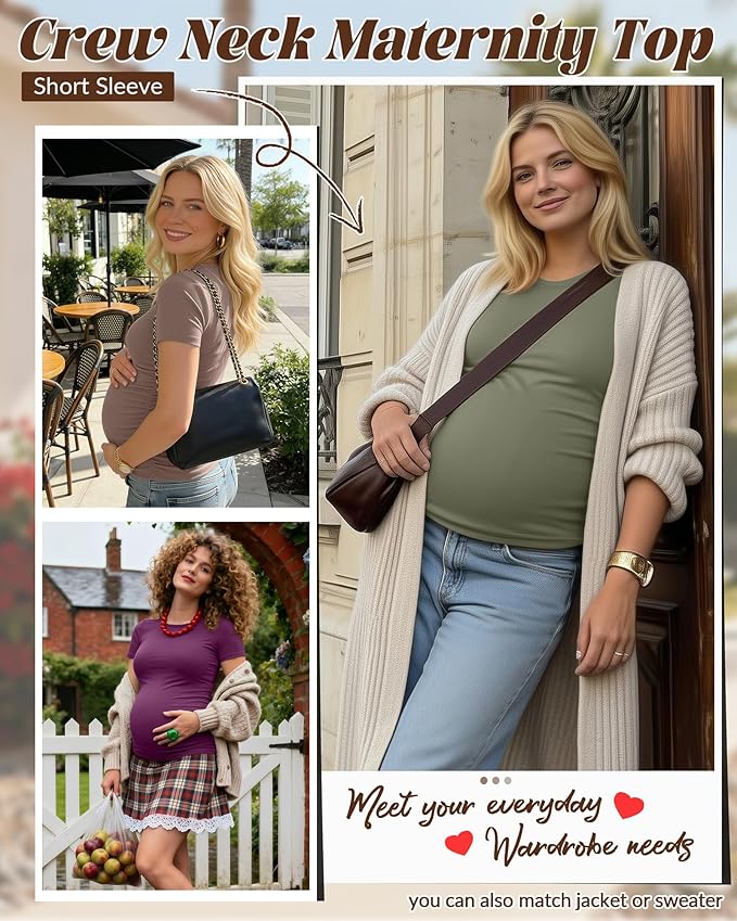 Huukeay 4 Pack Women's Maternity Shirts, Crew Neck Maternity Top Short Sleeve Casual Cotton Tee Side Ruched Pregnancy Clothes