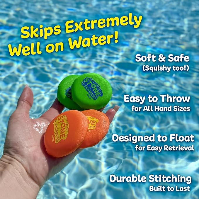 Soft Stone Skippers Game – Fun Pool Toys for Kids All Ages - 4 Pack Water Skipping Discs Set - Beach Games Easter Basket Stuffer Gifts for Boys & Girls Ages 5 6 7 8 9 10 11 + Year Old - Water Toys