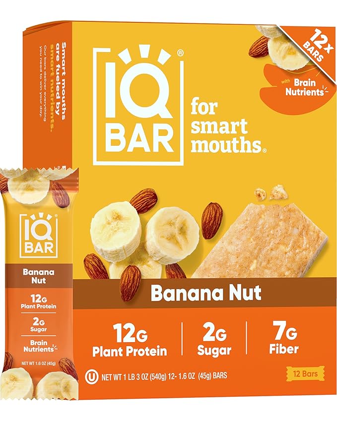IQBAR Brain and Body Clean Plant Protein Bars - Banana Nut - 12 Bars - Keto, Vegan, High Fiber, Gluten and Dairy Free, Low Sugar Snack with Nutrients for Focus, Energy, Meal Replacement