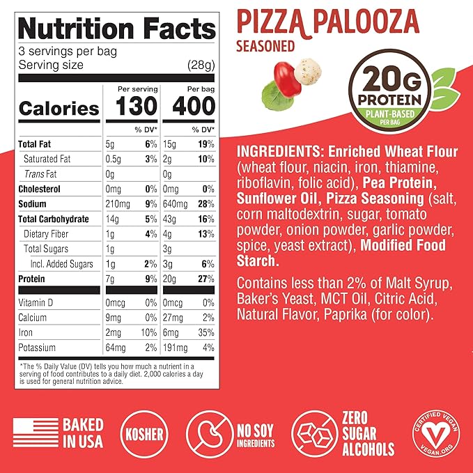 Lenny & Larry's FITZELS Protein Pretzels (Pizza Palooza) 8 Individual Bags 3 oz Each – High Protein Snacks with 20g of Plant Based Protein – Healthy Vegan Pretzels – Delicious Salty Taste