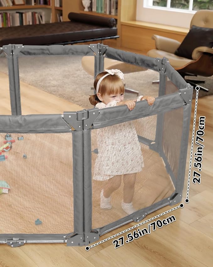 Extra Wide Baby Gate Playpen with Heat-Resistant Mesh,8 Panel Foldable Baby Fence,Indoor/Outdoor Safety Barrier,Dog Playpen & Fireplace Gate Gray