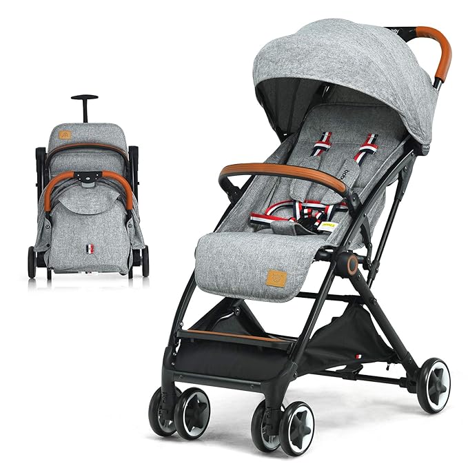 BABY JOY Lightweight Baby Stroller, Compact Toddler Travel Stroller for Airplane with 5-Point Harness, Adjustable Backrest/Footrest/Canopy, Storage Basket, Easy One-Hand Fold, Gray