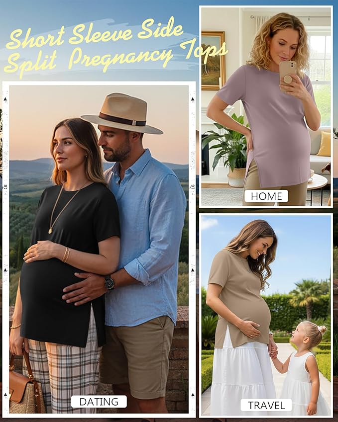 Ficerd 3 Pack Women's Maternity T Shirts, Short Sleeve Side Split Pregnancy Tops Casual Crew Neck Pregnant Tees Mama Clothes